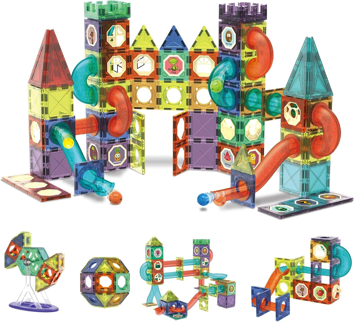 Contixo Juguetes de Construcción STEM – 110 piezas Azulejos Magnéticos 3D para Pistas de Canicas, Juguetes de Aprendizaje y Apilamiento, Conjunto de Bloques de Construcción Educativos, Creatividad Más