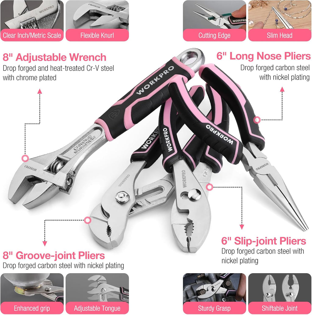 WORKPRO Juego de herramientas rosa de 277 piezas, kit de herramientas de