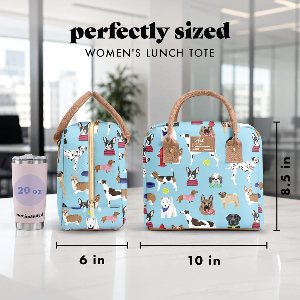 Fit & Fresh Bolsa de almuerzo aislada para mujer, caja grande a prueba de fugas y resistente a las manchas con contenedores, cierre de cremallera, Bloomington, tema de perros