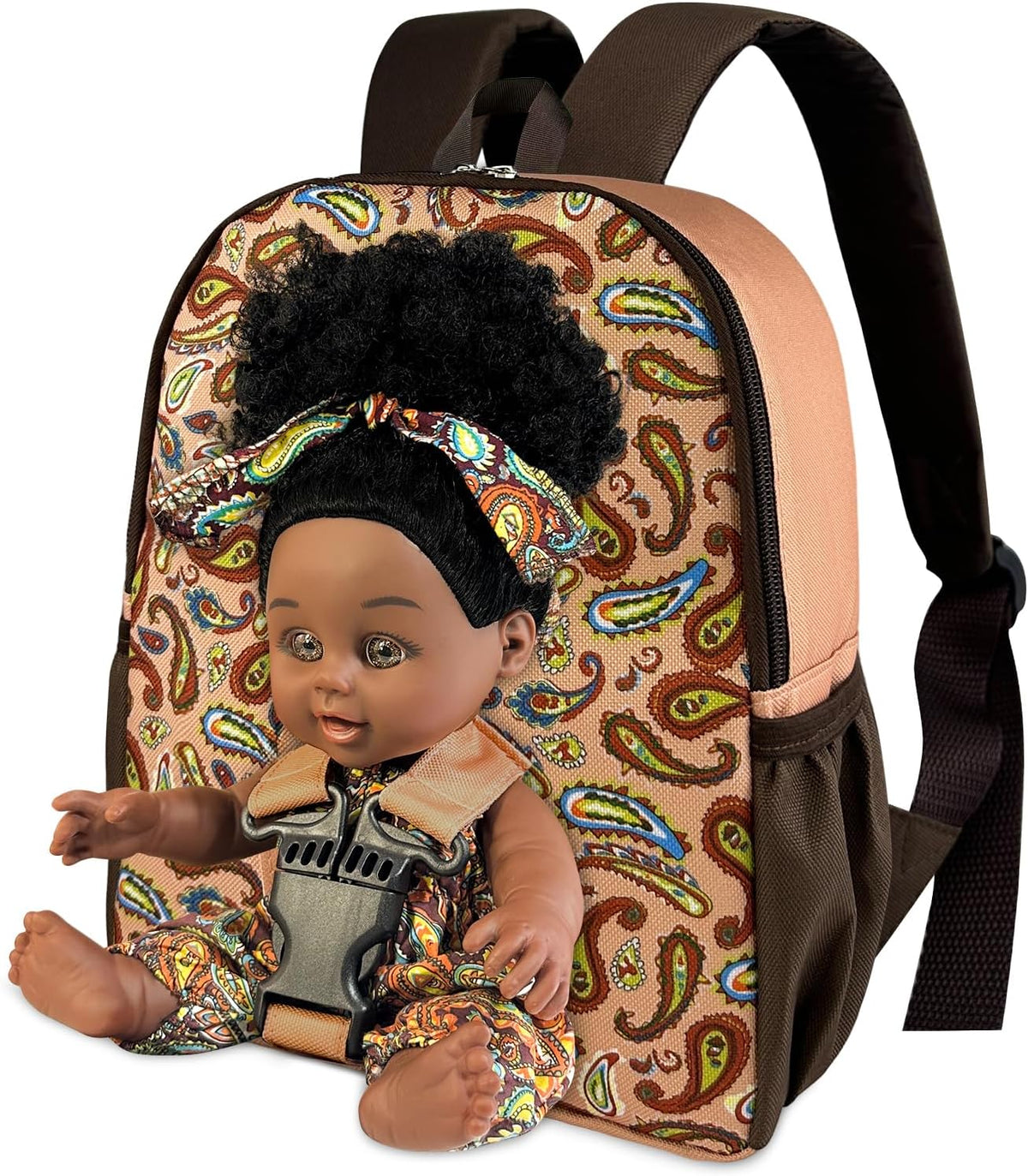Nice2you Muñeca bebé negra con mochila portadora, muñeca de niña, 10 pulgadas