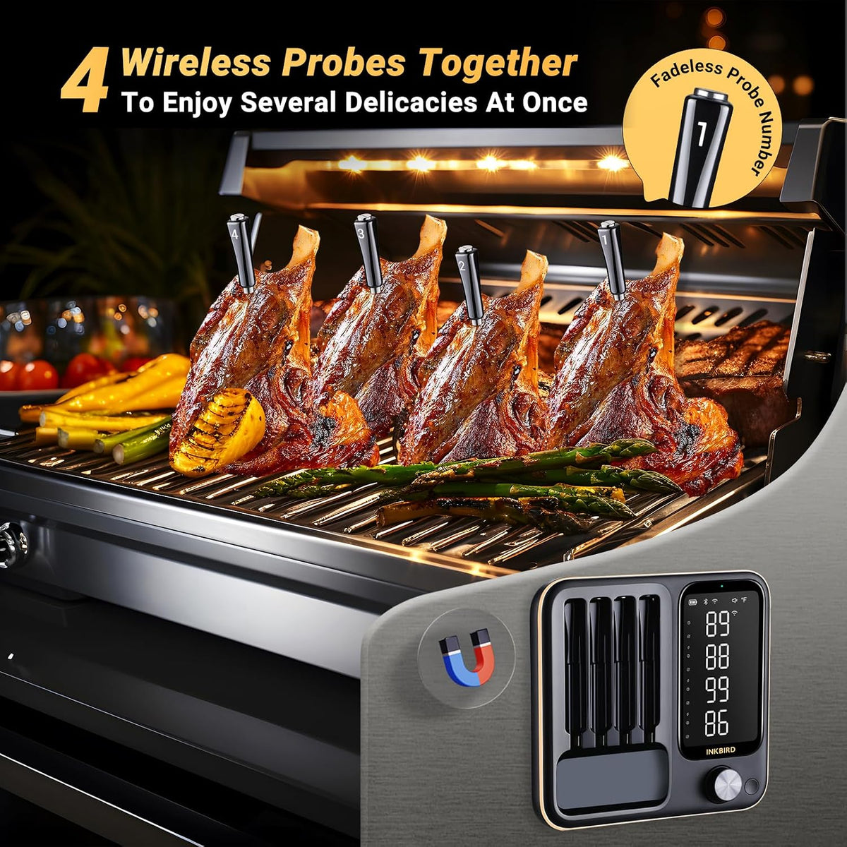 Wireless Meat Thermometer con 4 Probes, INKBIRD WiFi Meat Thermometer Digital Wireless para Rotisserie Grill Oven,Unlimited Range Dishwasher Waterproof Bluetooth Thermometer para iOS & Android