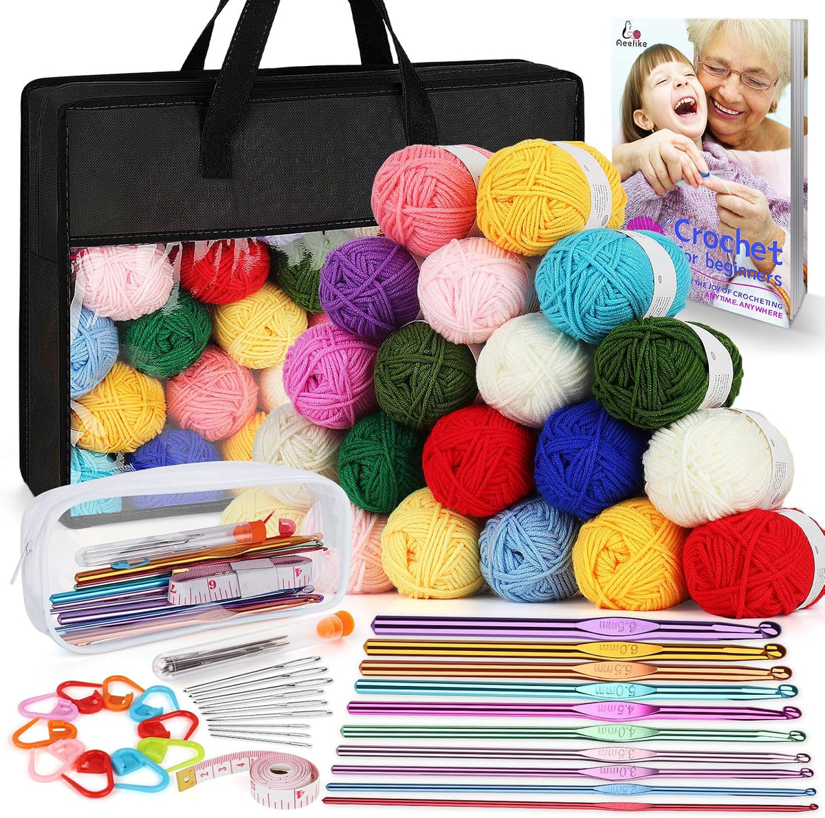 Kit de ganchillo Aeelike para adultos principiantes, juego completo de ganchillo, color negro