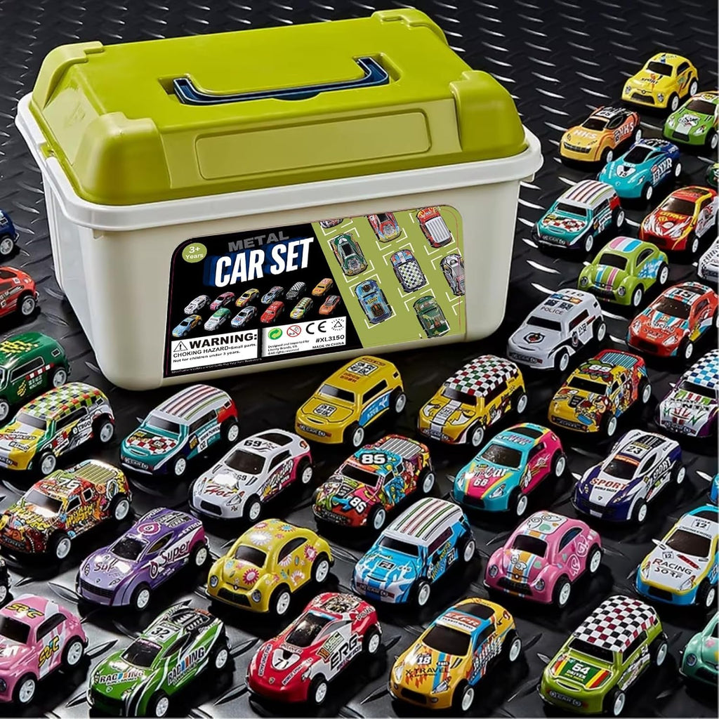 Liberty Imports Paquete de 50 autos de carreras para niños, a escala 1:64, vehículos de carreras de metal a granel en cubo de almacenamiento, recuerdos de fiesta, bolsas de regalo, premios de aula para niños y niñas pequeños