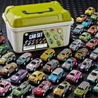 Liberty Imports Paquete de 50 autos de carreras para niños, a escala 1:64, vehículos de carreras de metal a granel en cubo de almacenamiento, recuerdos de fiesta, bolsas de regalo, premios de aula para niños y niñas pequeños