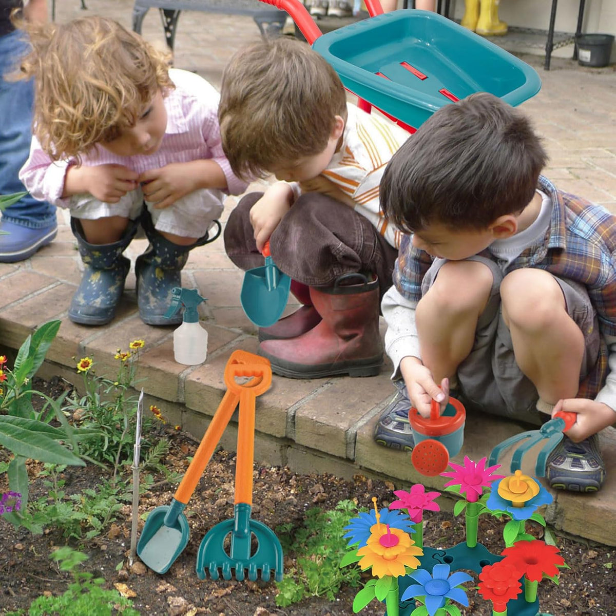 unanscre Juego de herramientas de jardinería para niños, con carretilla para niños, regadera, botella rociadora, rastrillo doble, pala, pala, podadora, kit de flores, delantal, juguetes de jardín para niños a partir de 3 años