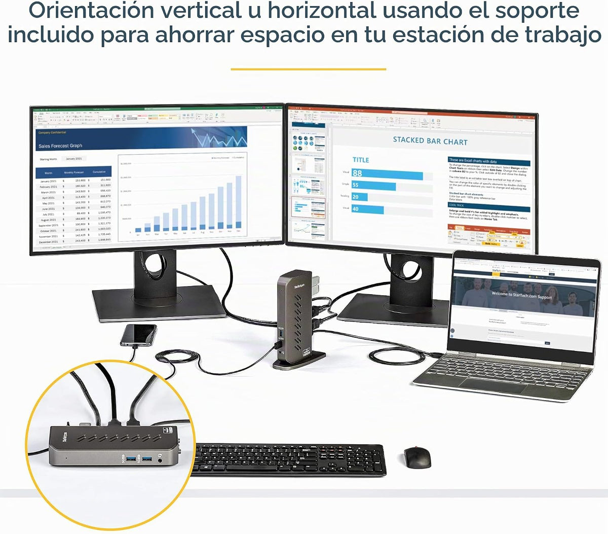 StarTech Hybrid USB-A y USB-C Dual 4K Dock, DP, HDMI, 6 puertos USB 5Gbps