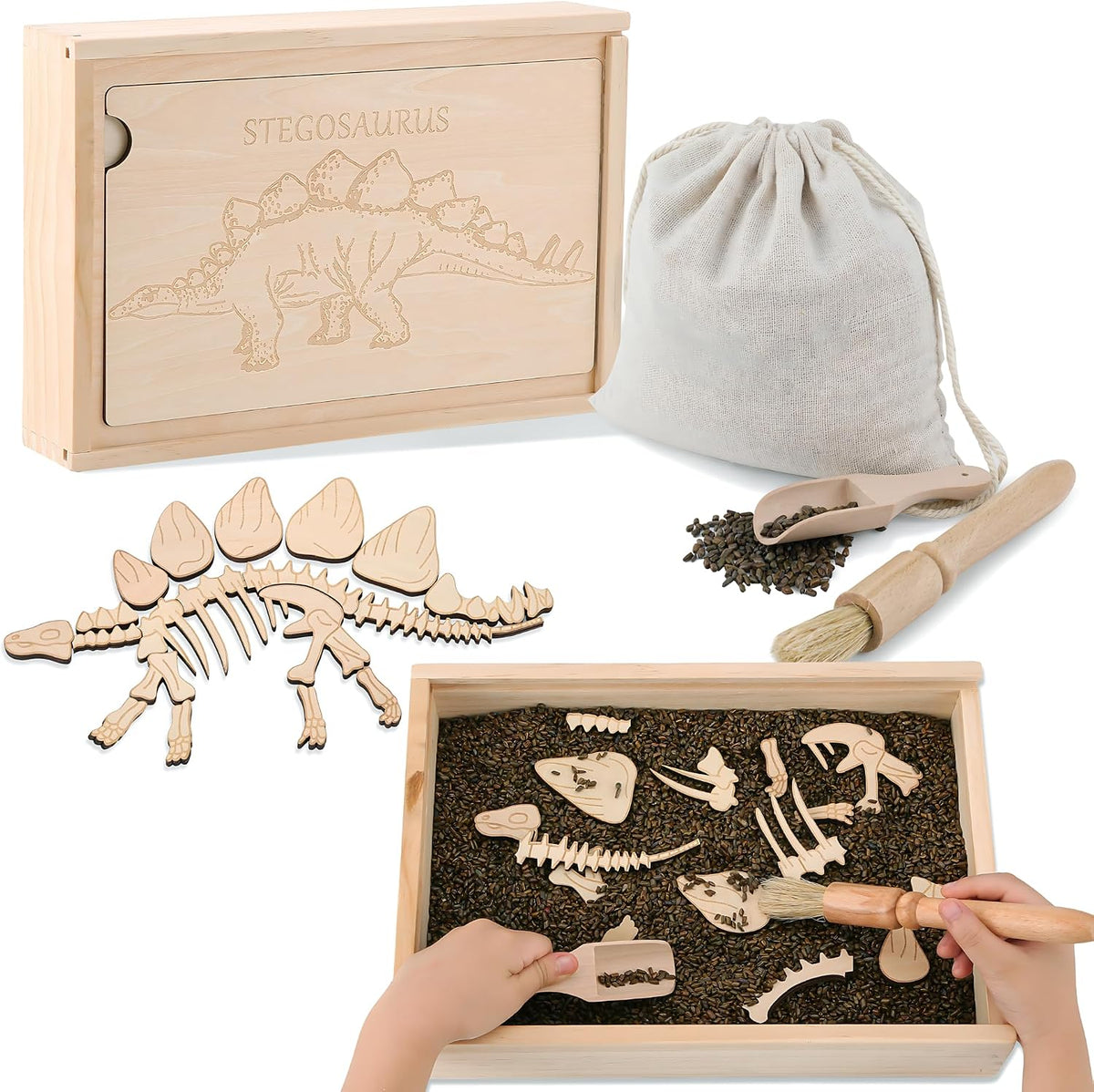 Kit de excavación arqueológica de excavación de dinosaurios, kit de excavación de fósiles para niños, esqueletos de dinosaurios, huesos y rompecabezas con caja de almacenamiento de madera, juguetes STEM para niños y niñas (Stegosaurus)