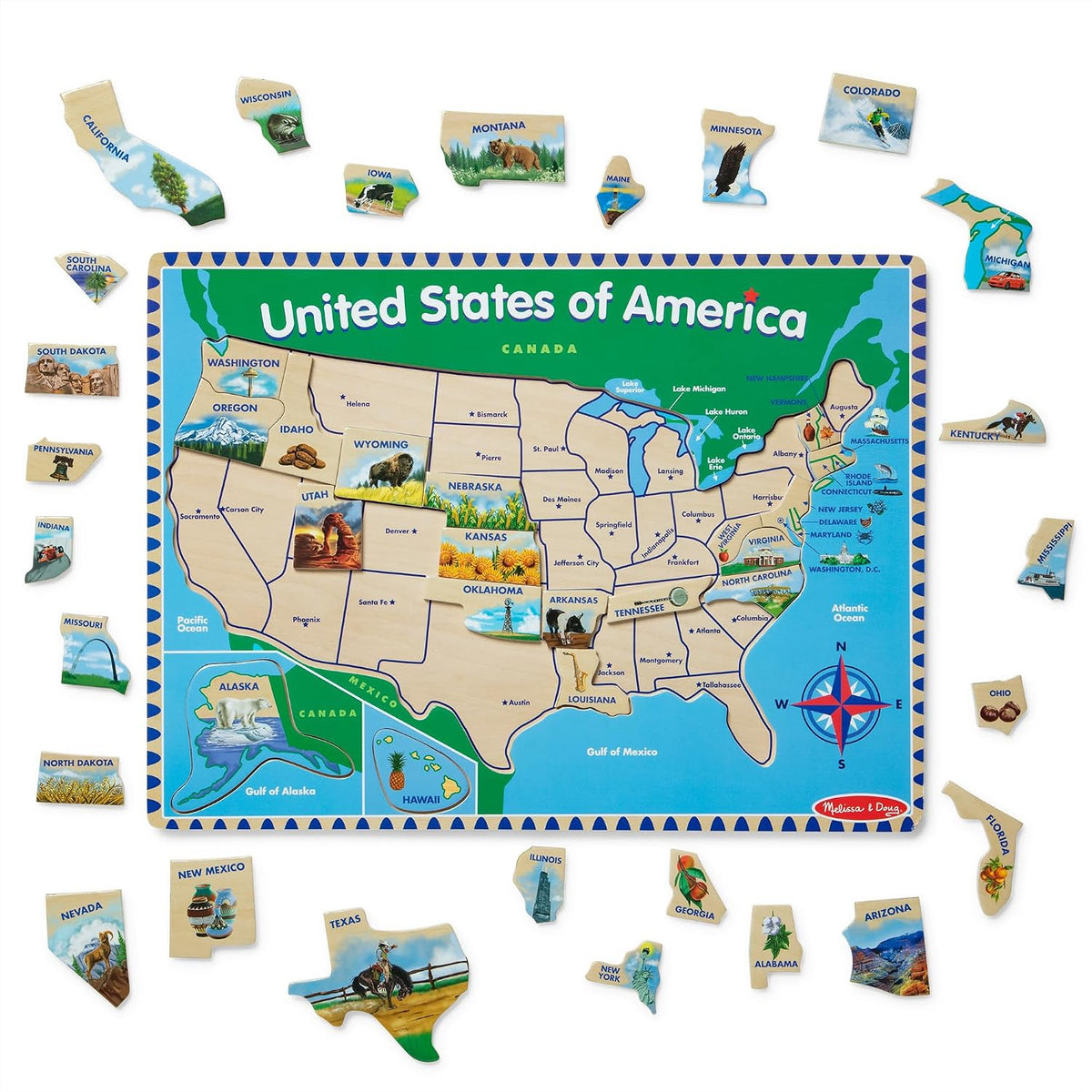 melissa & doug USA mapa rompecabezas de madera, Versión estándar, Multicolor