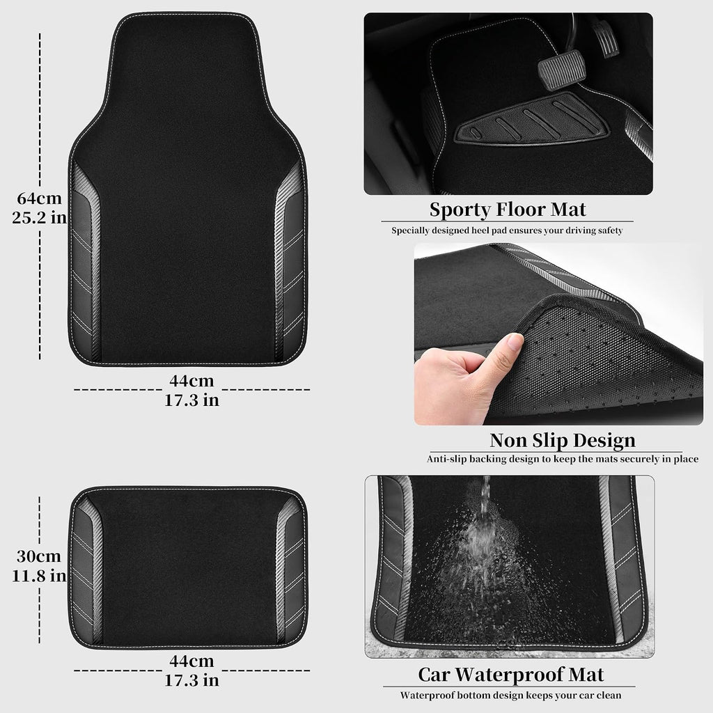 CAR PASS Funda de cuero para volante y alfombrillas impermeables para automóvil, combo universal de microfibra para autos que se adapta al 95 % de sedanes, SUV, vehículos, 14.5-15 pulgadas, diseño