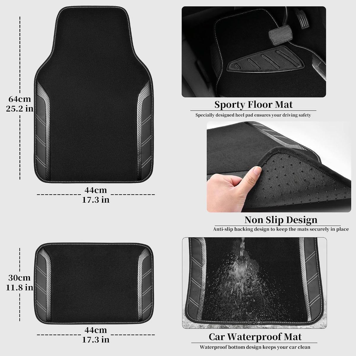 CAR PASS Funda de cuero para volante y alfombrillas impermeables para automóvil, combo universal de microfibra para autos que se adapta al 95 % de sedanes, SUV, vehículos, 14.5-15 pulgadas, diseño