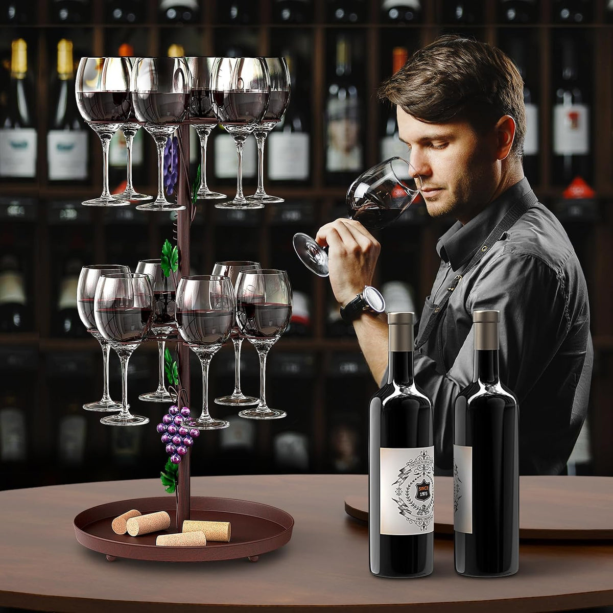 Estante de secado de vidrio de vino de metal de mesa con 12 ganchos para
