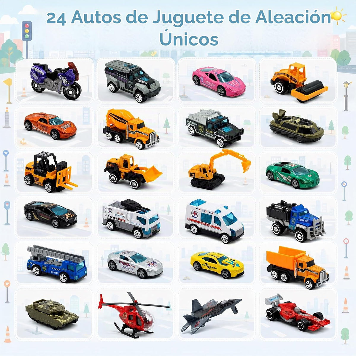 Alloy Cars - Calendario de Adviento 2026 para niños, 24 piezas, calendario de cuenta regresiva de juguete fundido a presión, regalo de Navidad, caja sorpresa para niños y niñas de 3, 4, 5, 6, 7, 8