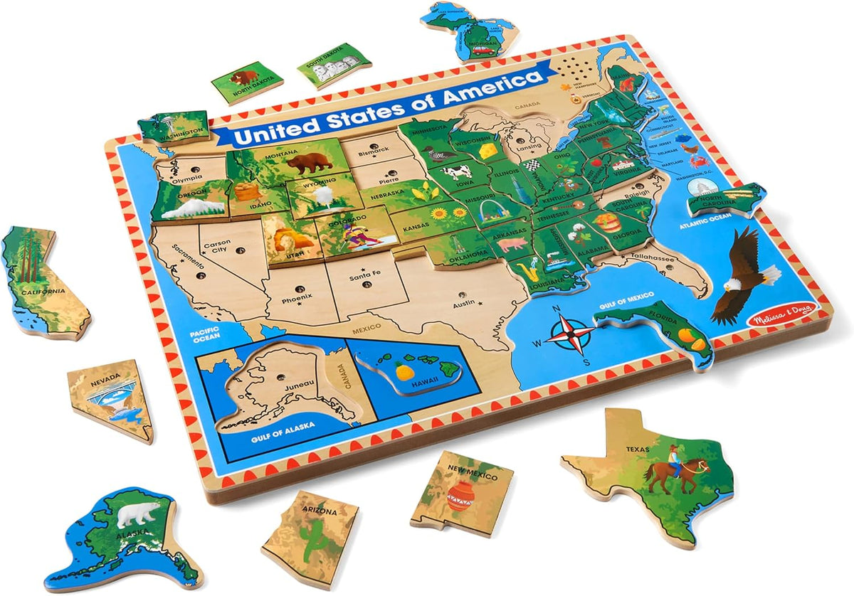 Melissa & Doug – EE. UU. Mapa – Puzzle de rompecabezas de madera de sonido con efectos de sonido (40 Pcs)