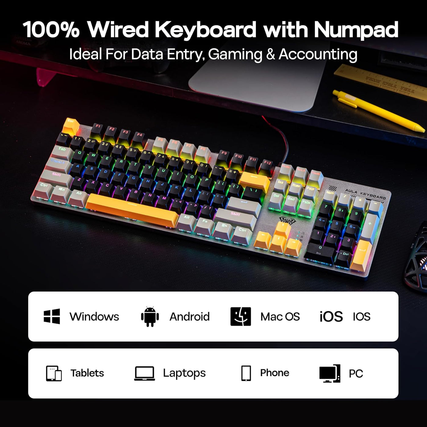 MechLands Aula S500 - Teclado mecánico con cable para juegos, 100%...
