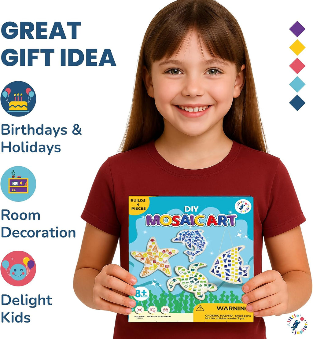 Little Jupiter Kit de mosaico de bricolaje – Construye 4 piezas diferentes de arte de mosaico marino – Las artes y manualidades perfectas para niñas y niños de 8 a 12 años – Actividad de juego de arte para niños para cumpleaños, Navidad, vacaciones y más