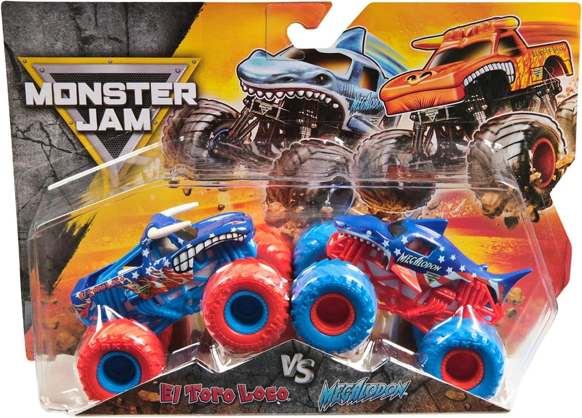 Monster Jam El Toro Loco vs Megalodon Camión monstruo fundido a presión a escala 1:64, serie 10, edición patriótica roja, blanca y azul, camión de juguete oficial Spin Master