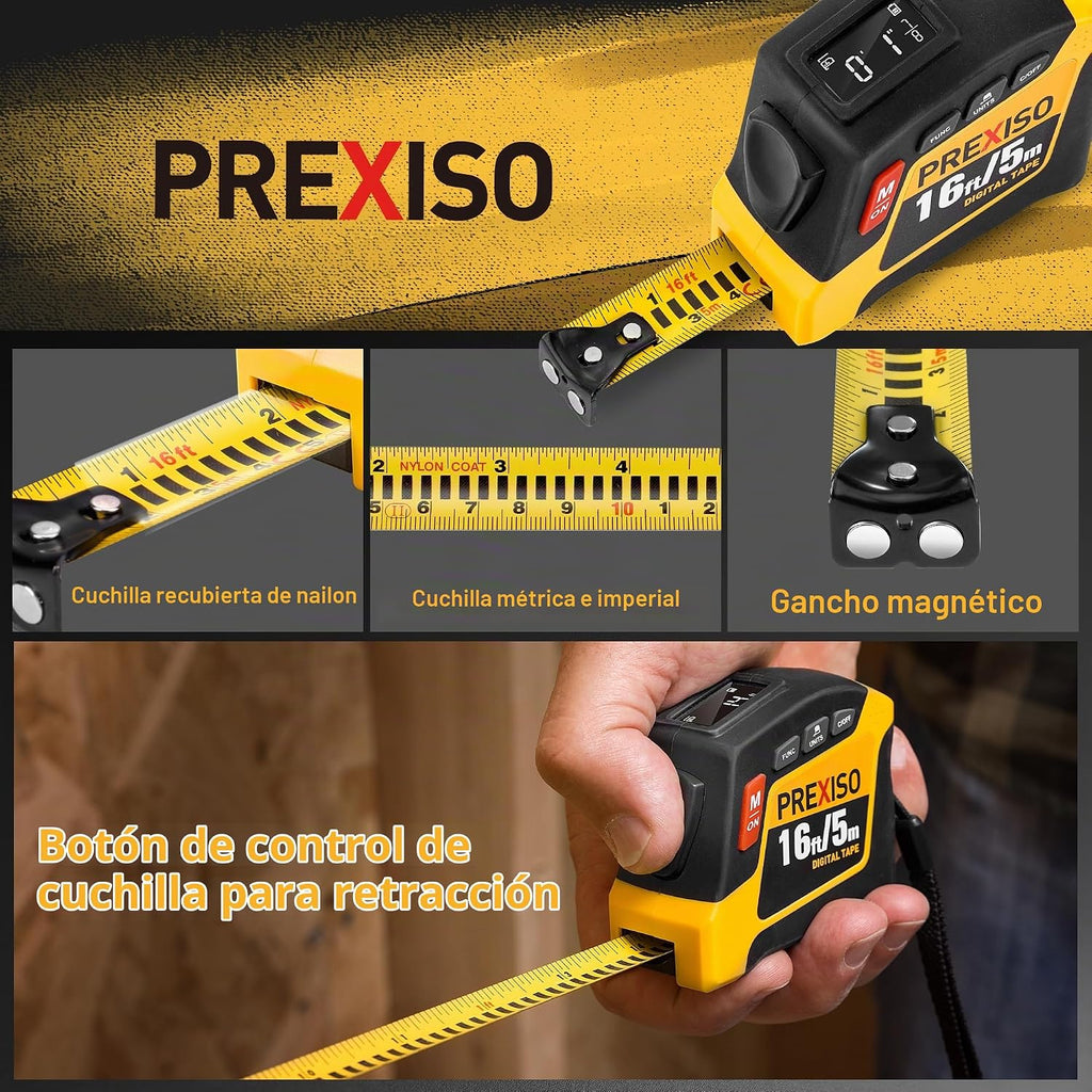 PREXISO Cinta métrica digital 2 en 1, cinta métrica recargable de 16 pies