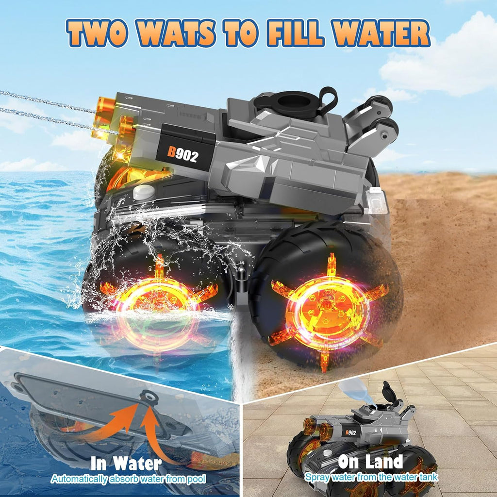 Auto RC anfibio con pistola de agua, juguetes de piscina de agua de verano, vehículo de acrobacias a control remoto impermeable para niños a partir de 8 años, con detección de gestos, autos de