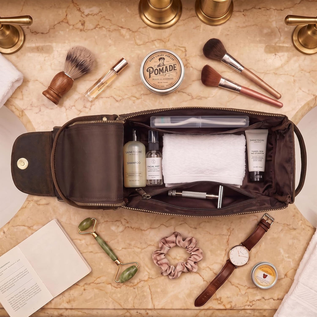 LEATHER VILLAGE Neceser de viaje de cuero genuino para hombres y mujeres, marrón