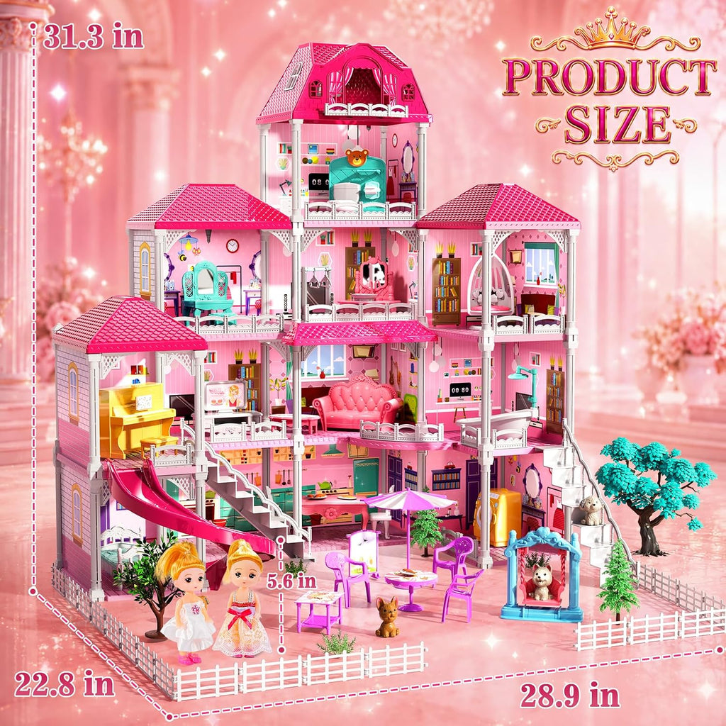 Casa de 4 pisos para niñas de 3 a 7 años, juego de villa con 2 muñecas y 12