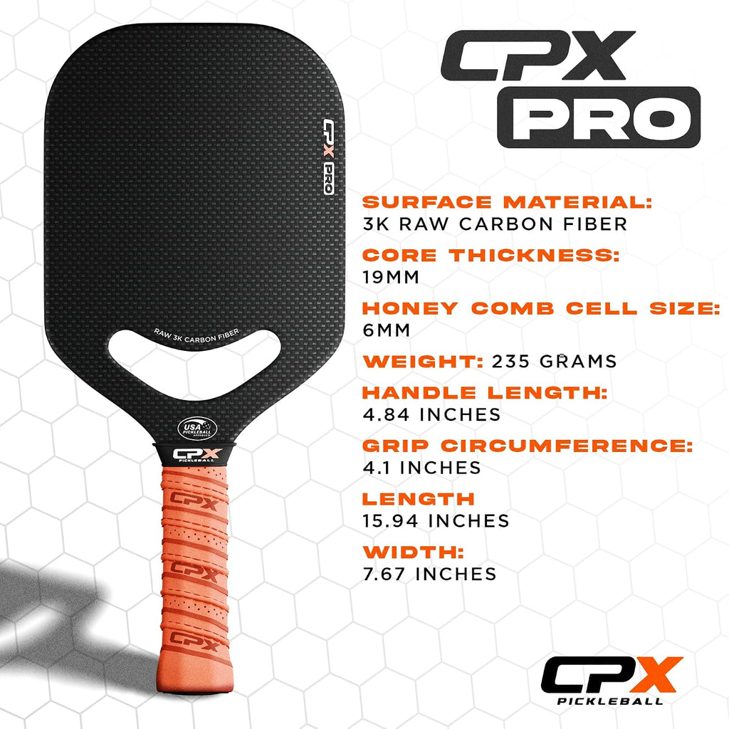 CPX Pro Paleta de pickleball en fibra de carbono - Grado profesional, acabado mate, núcleo de panal, agarre estilo tenis - Paleta sin borde diseñada en Chicago, EE. UU.