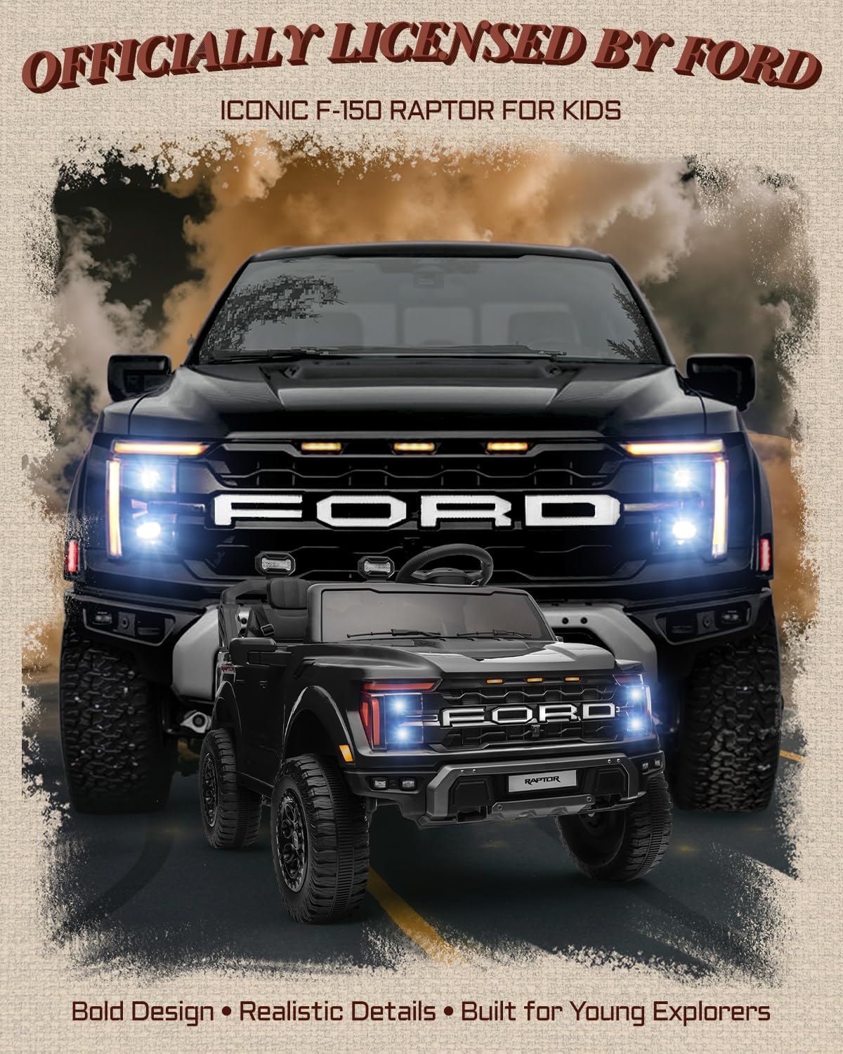 First Ride On Juguetes de paseo de 24V para niños grandes, Ford F-150 Raptor con licencia de 2 asientos, auto de paseo para niños con control remoto, automóvil eléctrico para niños pequeños con luces