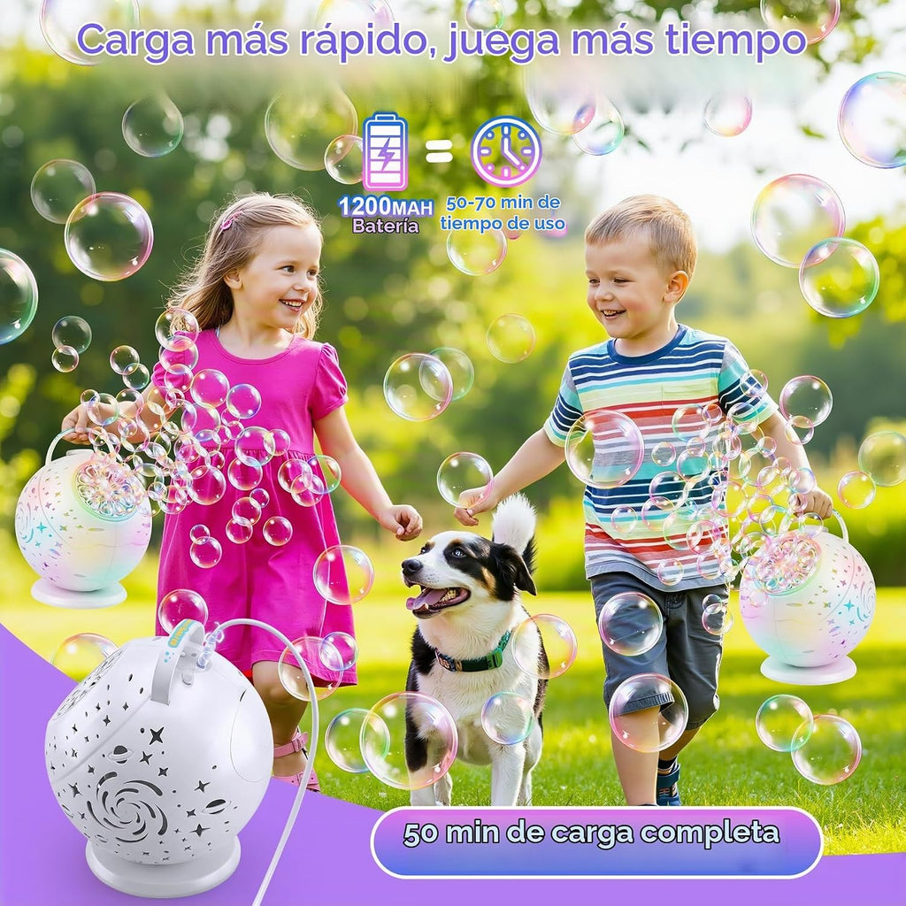 Máquina de burbujas con control remoto, rotación automática de 360° y 7 luces RGB recargable, máquina de burbujas para niños y niñas, máquina de burbujas portátil para fiestas, bodas, cumpleaños