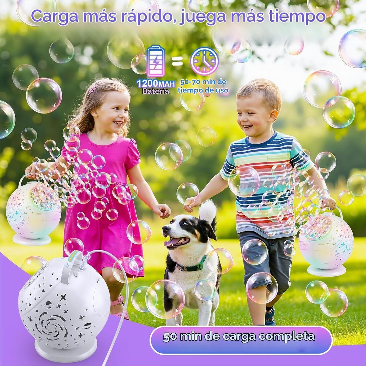 Máquina de burbujas con control remoto, rotación automática de 360° y 7 luces RGB recargable, máquina de burbujas para niños y niñas, máquina de burbujas portátil para fiestas, bodas, cumpleaños