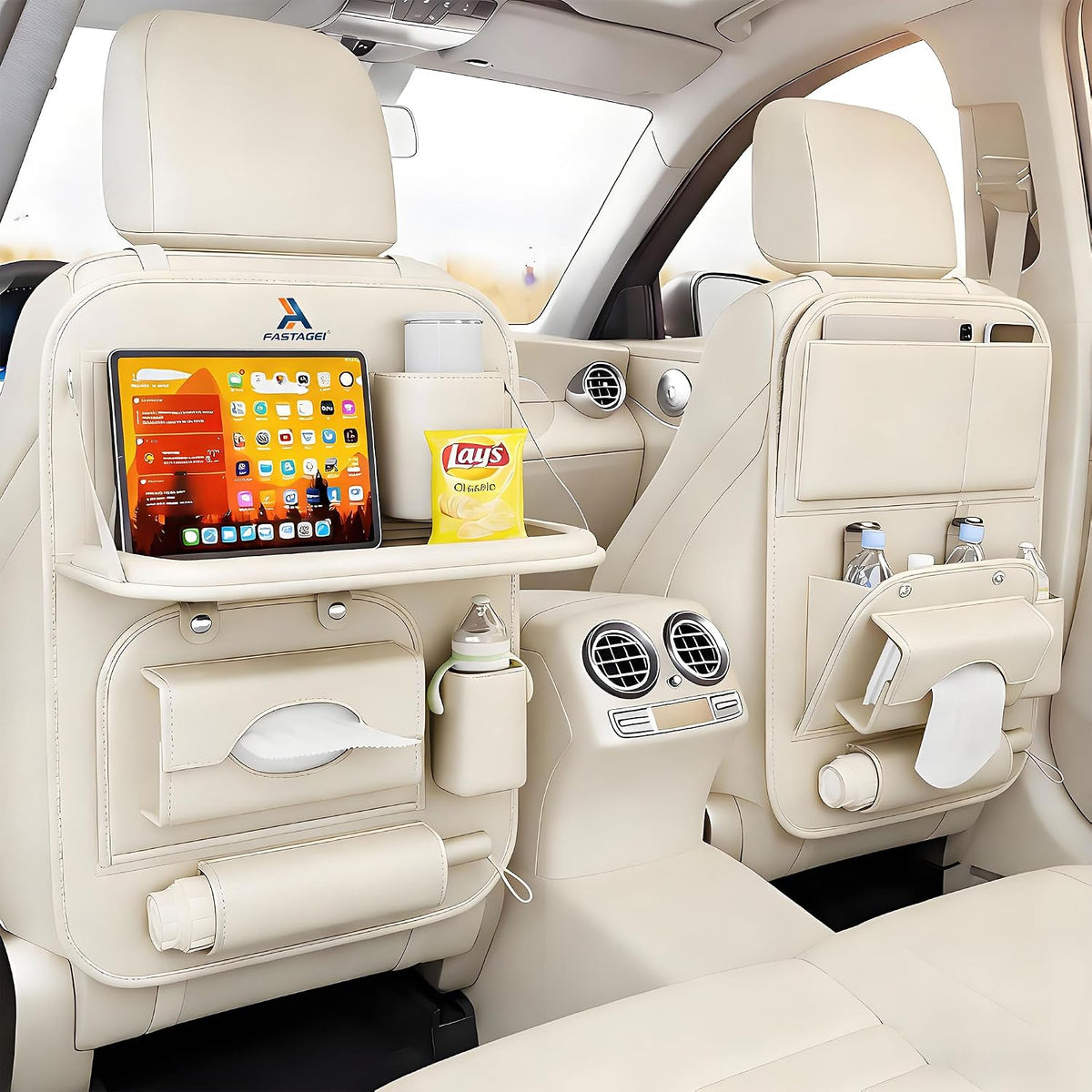 Organizador Universal de Cuero Premium Plegable para Asiento Trasero de Automóvil con Bandeja de Mesa, Protector de Respaldo de Asiento de Automóvil con Bolsa de Basura, Soporte para
