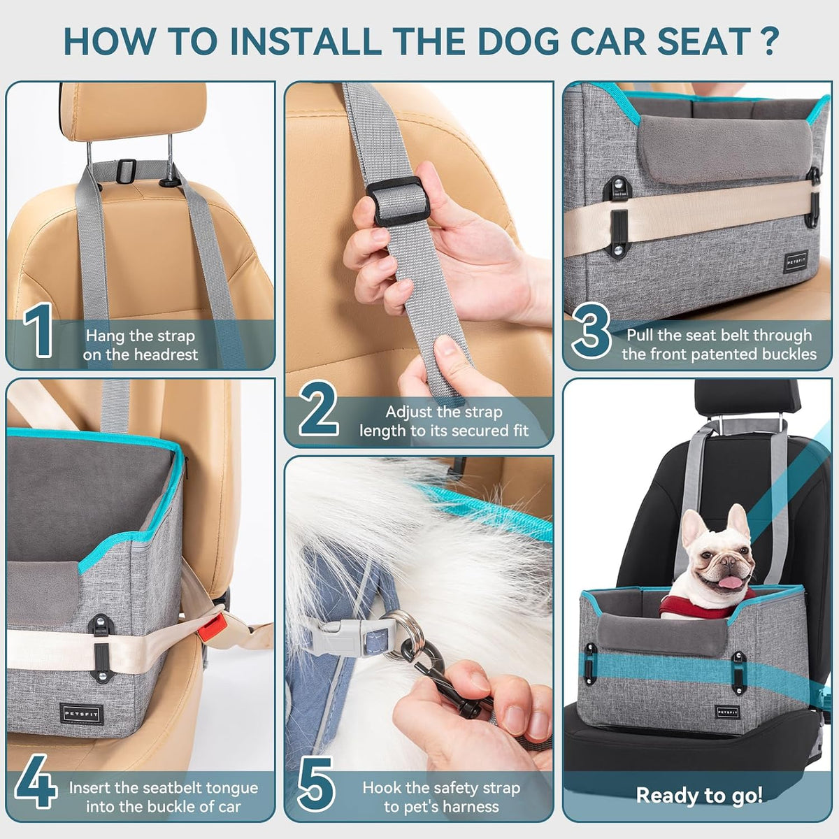 PETSFIT Asientos de coche para perros pequeños – Hebillas de seguridad patentadas – Correa de seguridad – Asiento plegable elevador para perro de viaje que reduce la ansiedad y los viajes por