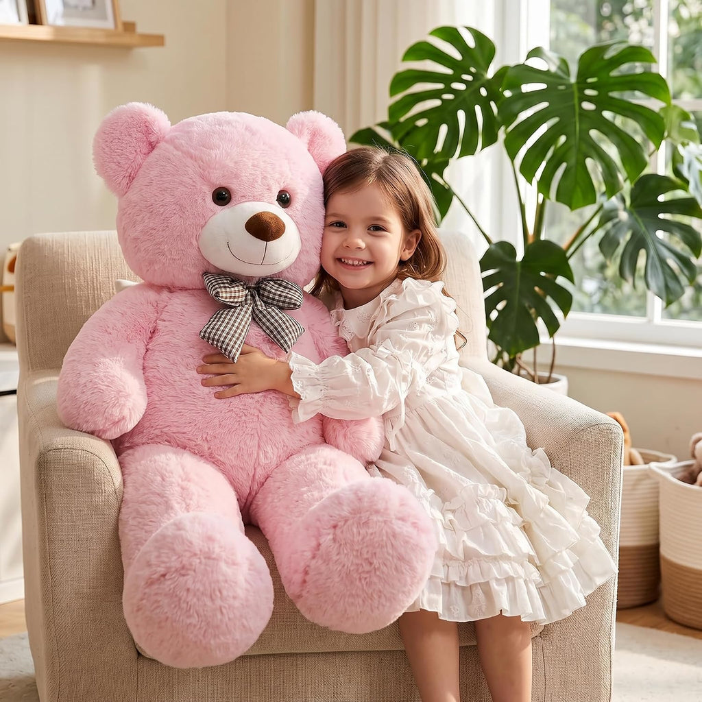 Oso de peluche gigante rosa, animal de peluche grande de 47 pulgadas, juguete de peluche, material de felpa suave, oso de peluche clásico con lazo a cuadros, para acurrucarse