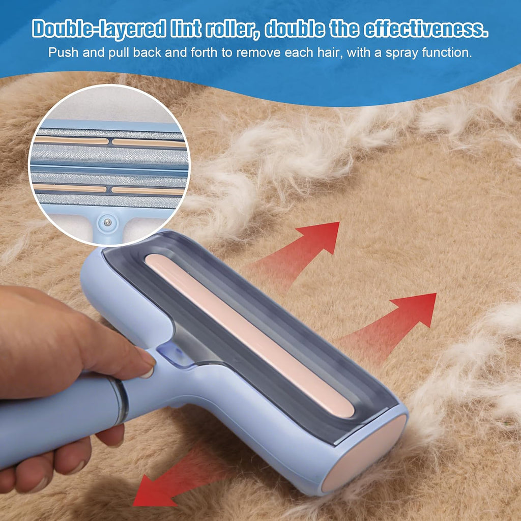 Rodillos para eliminar pelusas de mascotas extra pegajosos con spray de agua, herramienta de eliminación de pelo reutilizable 2 en 1 para muebles, sofá, alfombra, ropa de cama y ropa, incluye