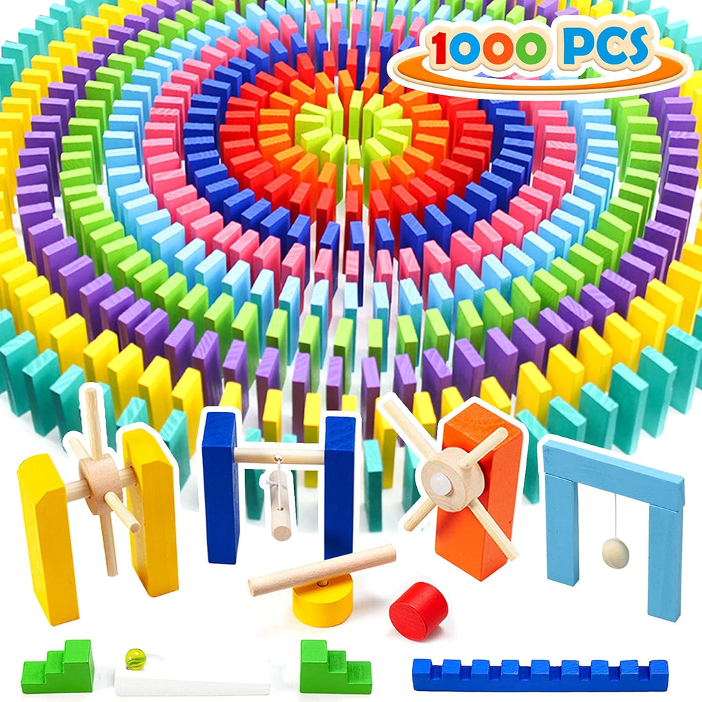 WOOD CITY Juego de dominó de 1000 piezas para niños con 20 bloques adicionales, coloridos azulejos de dominó para construir, apilar, carreras, volar, dominó de madera con bolsa de almacenamiento y