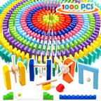 WOOD CITY Juego de dominó de 1000 piezas para niños con 20 bloques adicionales, coloridos azulejos de dominó para construir, apilar, carreras, volar, dominó de madera con bolsa de almacenamiento y