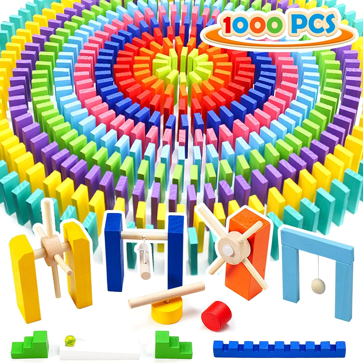 WOOD CITY Juego de dominó de 1000 piezas para niños con 20 bloques adicionales, coloridos azulejos de dominó para construir, apilar, carreras, volar, dominó de madera con bolsa de almacenamiento y