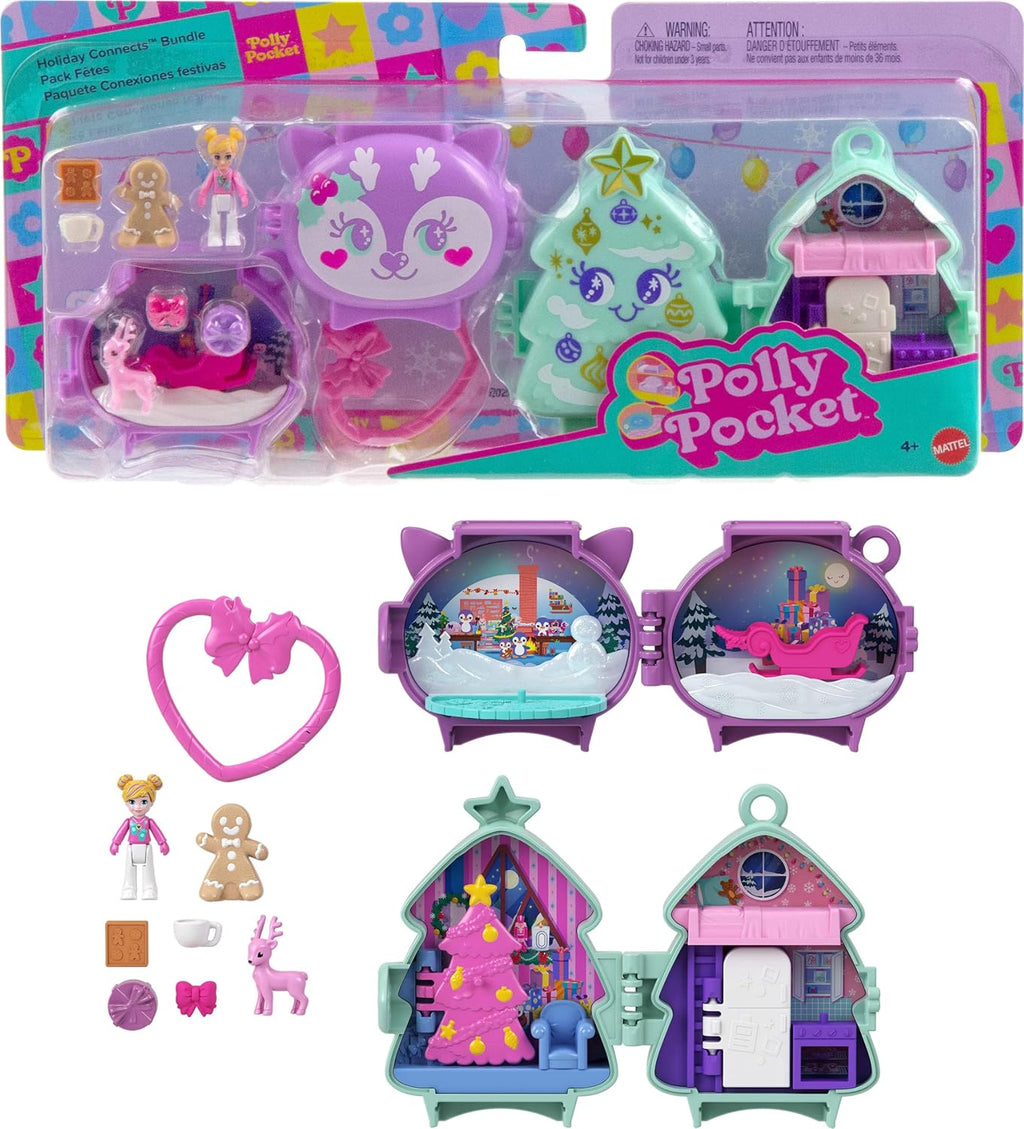 Polly Pocket Mini juguetes, paquete compacto apilable de vacaciones con micro muñeca, accesorios, animal de mascota, juguete de viaje con clip