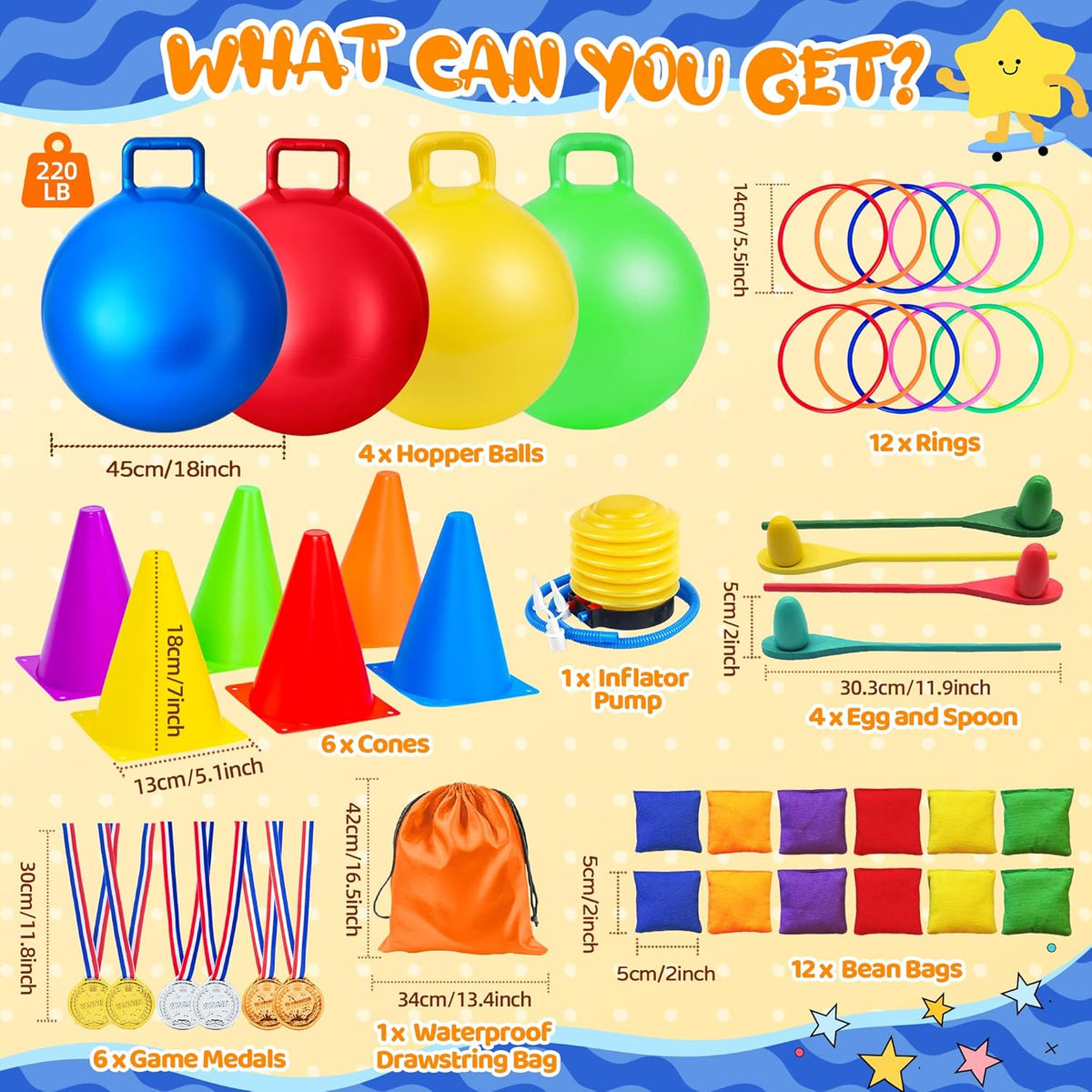 Set combinado de 53 piezas de juegos de carnaval al aire libre para niños, pelotas saltarinas de 18 pulgadas