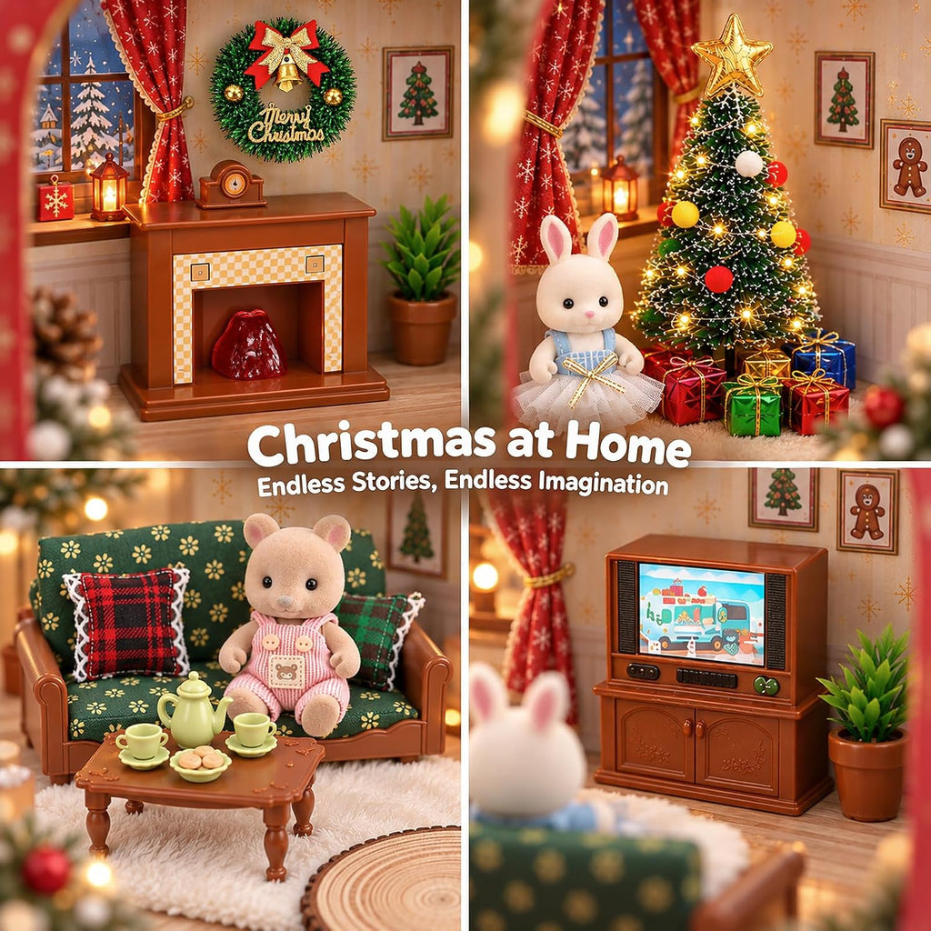Juego de maletas de muebles de casa de muñecas de Navidad para niños, 2 muñecas flexibles/árbol de Navidad/chimenea/sofá/TV, accesorios de casa de muñecas para niñas a partir de 3 años