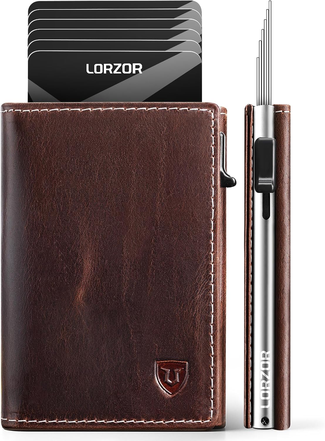 Cartera minimalista para hombres con tarjetero de crédito, cuero de grano completo más fino, billetera inteligente emergente, billetera delgada de tres pliegues, bloqueo RFID, bolsillo frontal