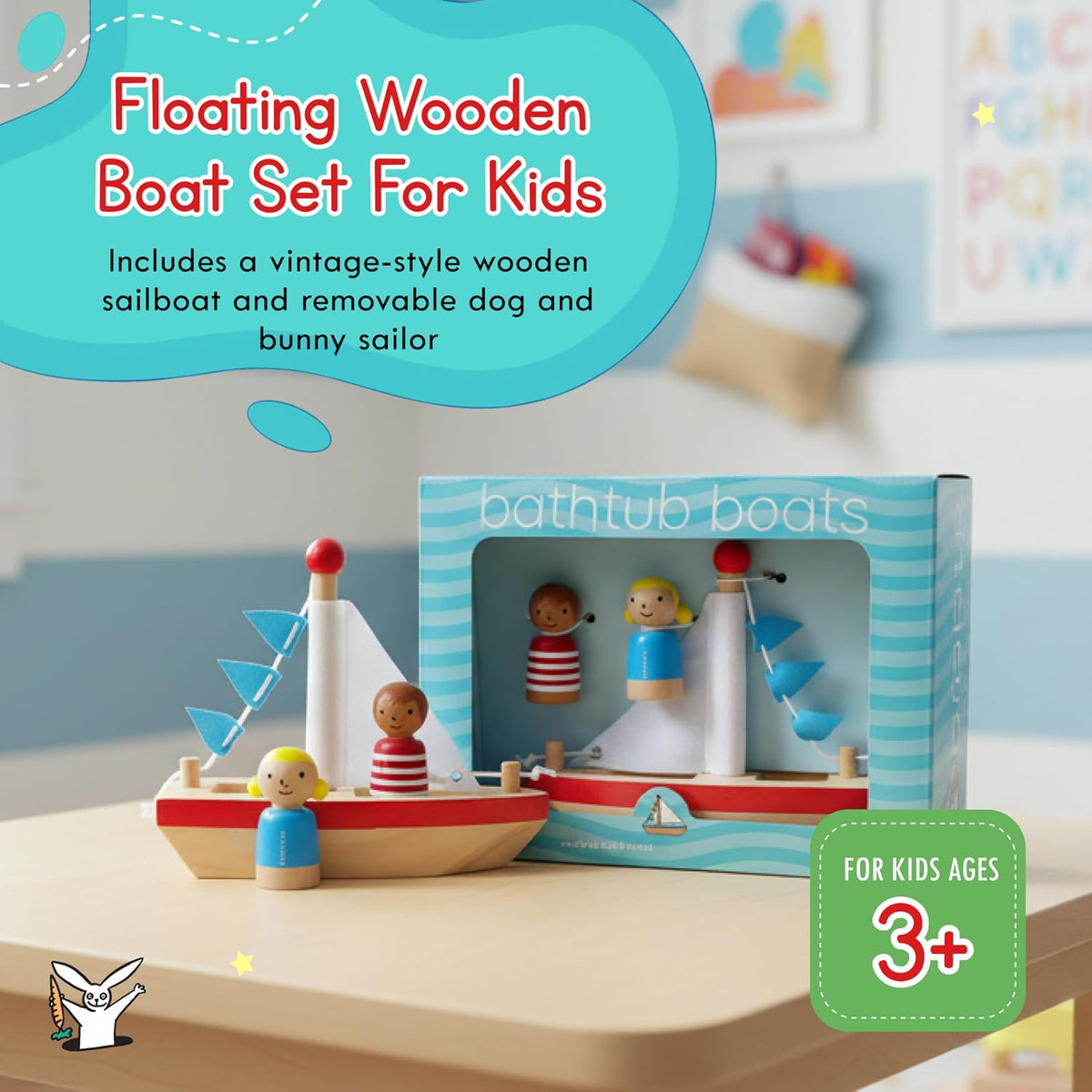 Jack Rabbit Creations Barco de juguete de madera - Juguete de baño flotante