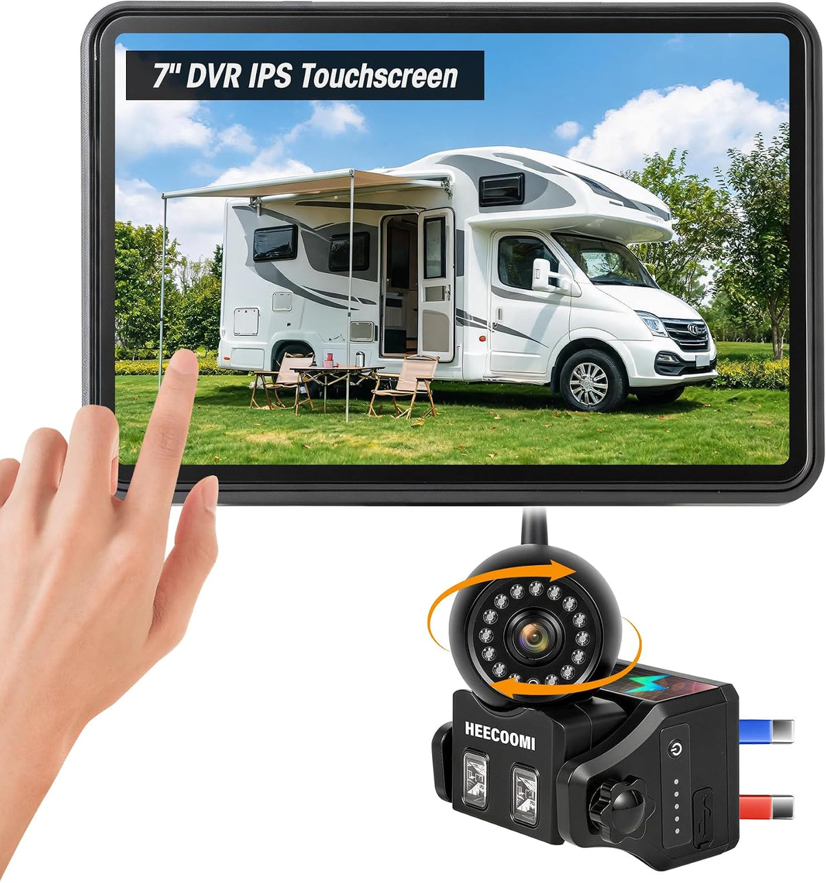 Cámara magnética inalámbrica de respaldo solar con lente ajustable de 360°, monitor de pantalla táctil 1080P de 7 pulgadas, grabación DVR, IP69K impermeable, apagado automático y visión