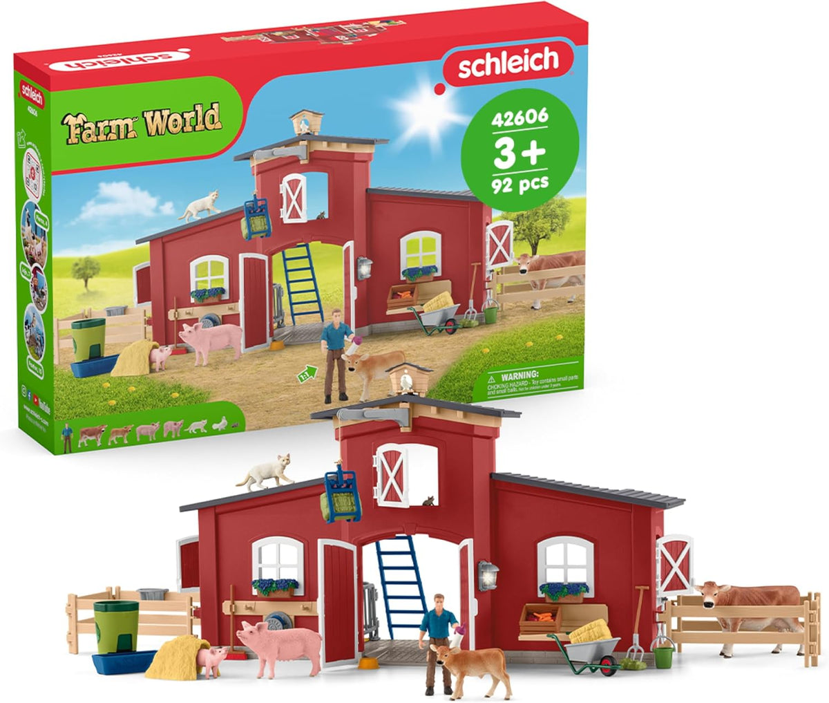 Schleich Farm World 42606 - Granero rojo con animales y más, 64 piezas