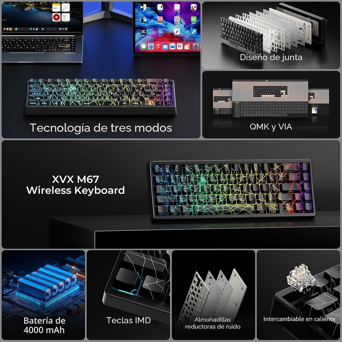 HITIME XVX M67 - Teclado inalámbrico al 60% por ciento, QMK\/VIA Bl...