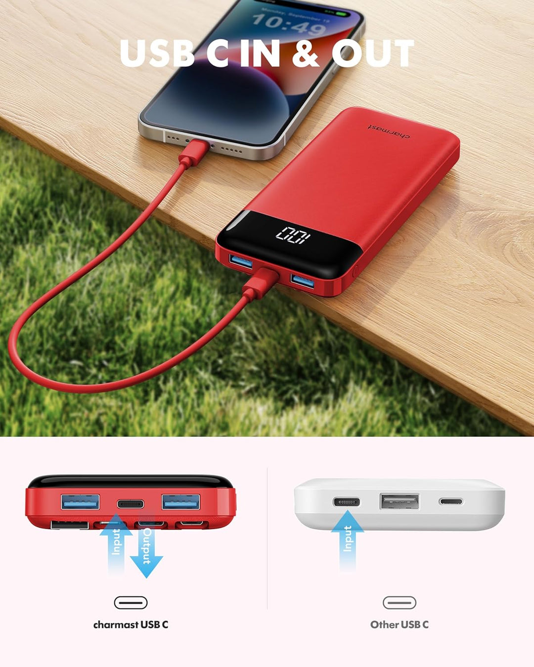 Charmast Cargador portátil con cables incorporados, banco de energí...