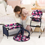 Set de muebles para muñeca Bayer 9 en 1, silla alta y cama de viaje, rosa y azul marino
