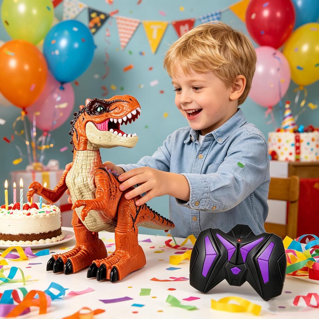 Juguetes de dinosaurio a control remoto para niños de 3-5, 5, 7, 8-12, juguete robot de dinosaurio T-Rex para caminar a control remoto con spray de niebla de agua, luces y sonidos, paquete de 2 baterías recargables, 3, 4, 5, 6, 7, 8 años, regalo de