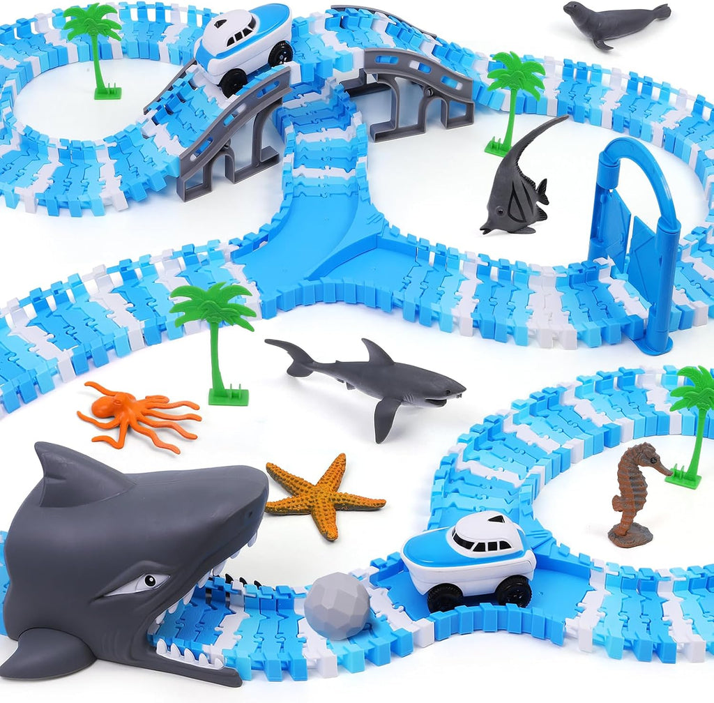 Pistas de carreras flexibles con temática oceánica para niños, regalo de cumpleaños para niños de 3, 4, 5, 6, 7 años, más de 240 piezas, juego de pista de automóvil construible con túnel de
