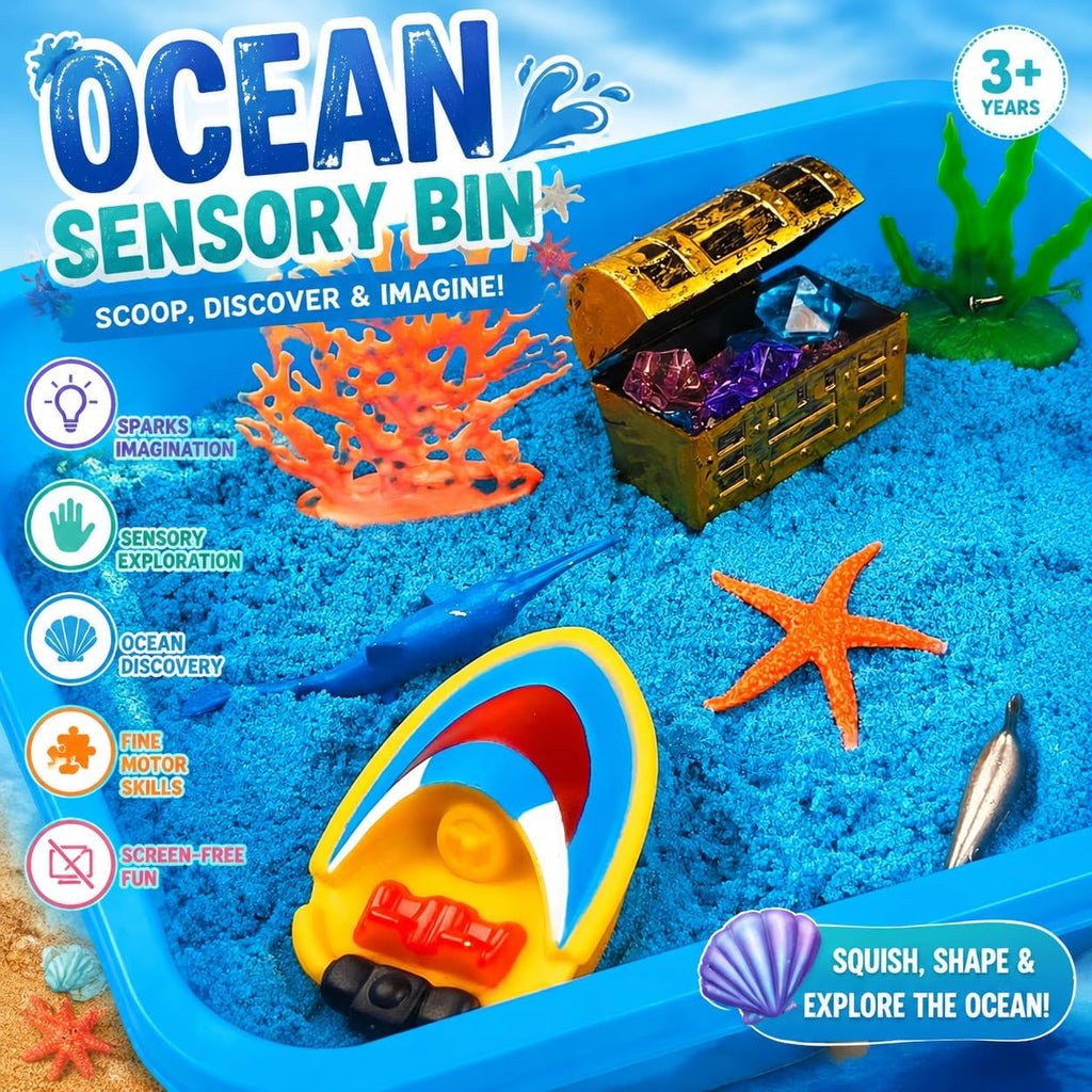 Ocean Sensory Bin con Sensory Sand, Ocean Toys para Kids