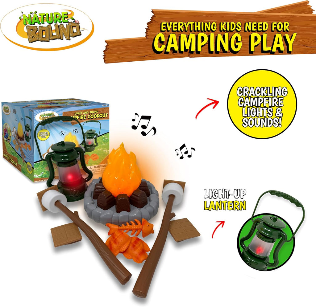 Nature Bound Kids Camping Playset - Juego de camping para niños con fogata iluminada - Set de juguete para aventuras en interiores y exteriores - Finge hacer s'mores, linterna y accesorios de camping (Caja de regalo)
