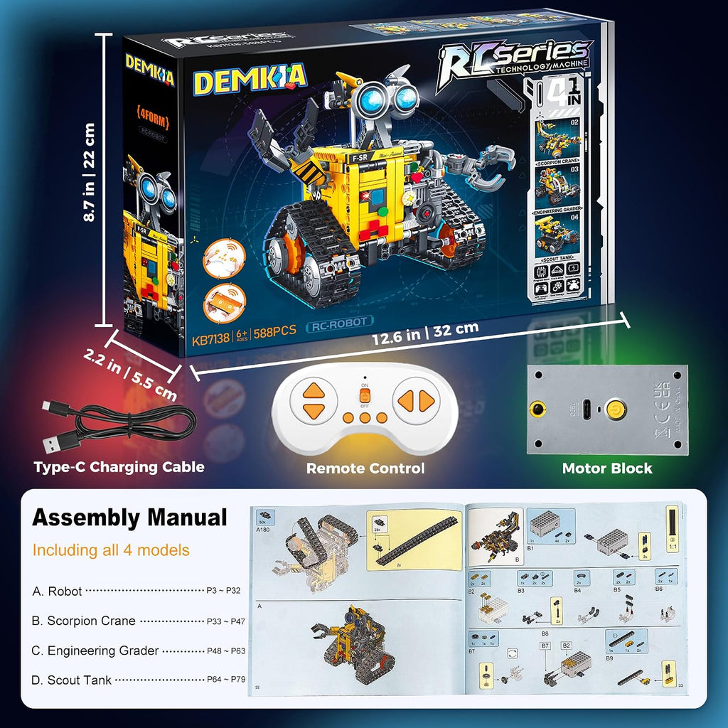 Kit de construcción de robot Demkia para niños y adultos, kit de robótica RC recargable 4 en 1 con control remoto y aplicación, juguetes de codificación STEM y proyectos científicos, regalos de